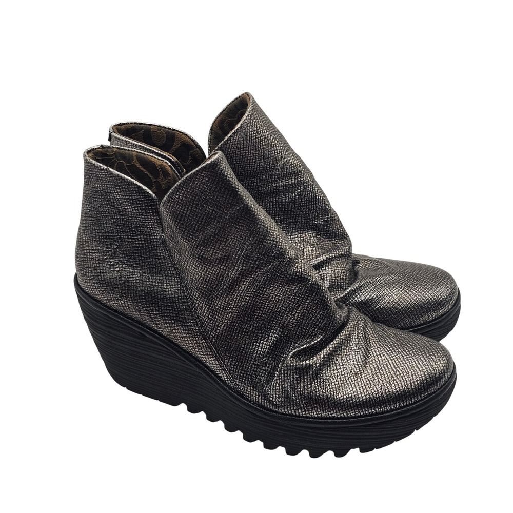 Fly London Yip Wedge Platform Ankle Boots 40 Silver Metallic Ruched Edgy Chunky